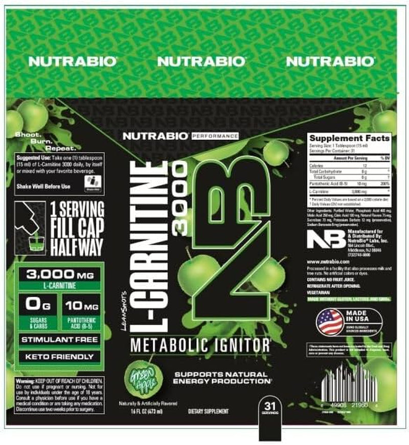 Nutrabio – L-Carnitine Liquid Shots – 3000Mg, (Peach Rings) – 10Mg of Vitamin B-5 – Zero Carbs & Sugars – Energy Production – Muscle Recovery