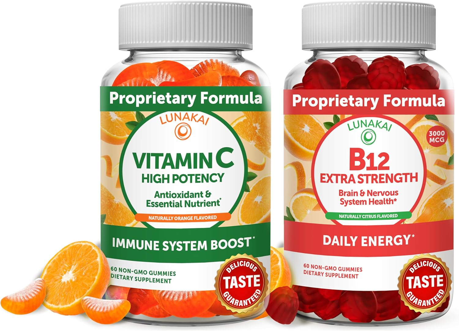 Lunakai Vitamin C and Vitamin B12 Gummies Bundle - 300Mg Organic, NON-GMO, Vegan Chewable Supplement - 3000Mcg Methylcobalamin High Absorption Energy Gummy - 30 Days Supply