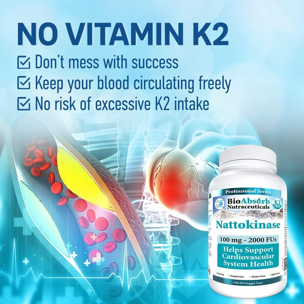 Bio Absorb Nattokinase Supplement. 100 Mg, 2000 Fus. 6-Month Supply. Non-Gmo Natto Extract Enzyme (180 Veggie Caps) 