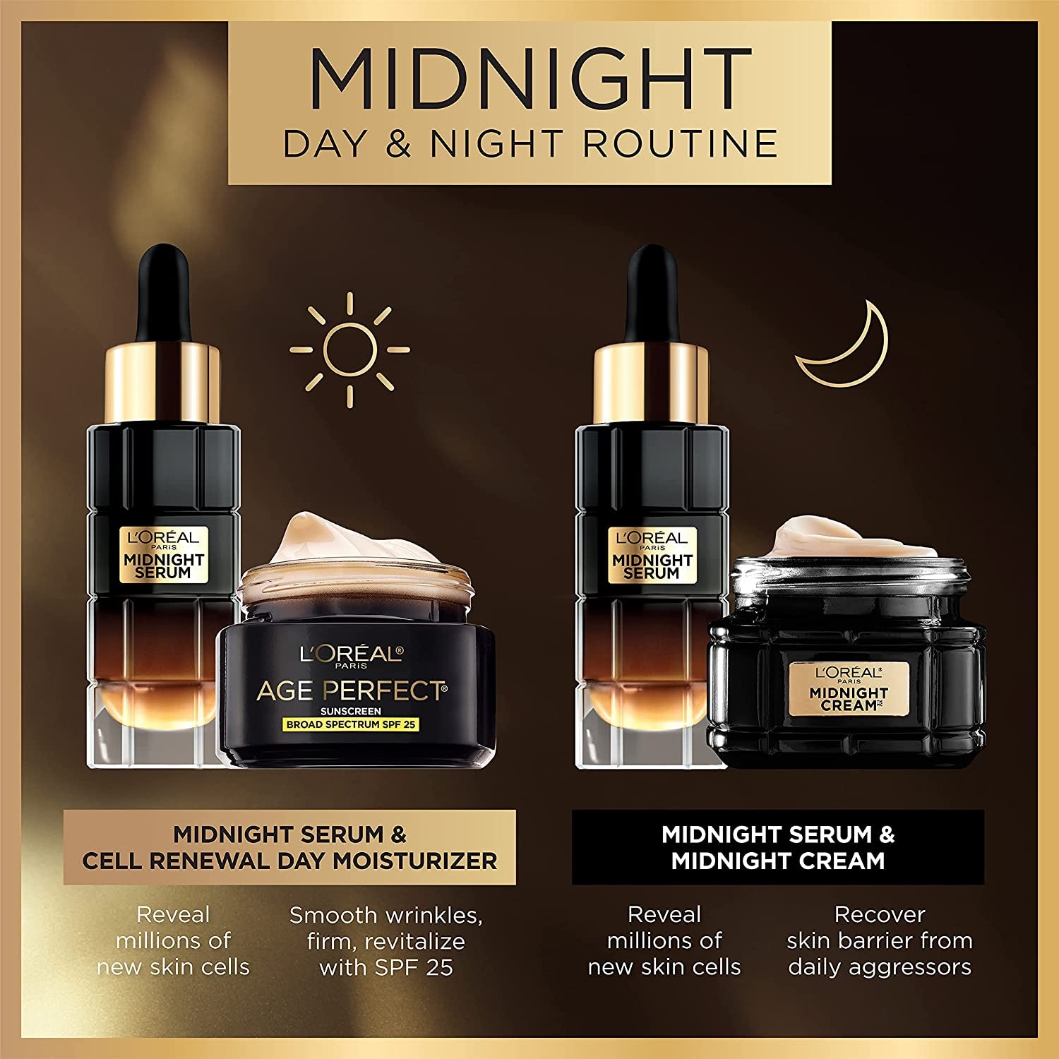 L'Oreal Paris Age Perfect Anti-Aging Midnight Face Serum 1 Oz + Midnight Cream 1.7 Oz, Smooths Wrinkles & Firms Skin + Eye Cream & Serum Sample