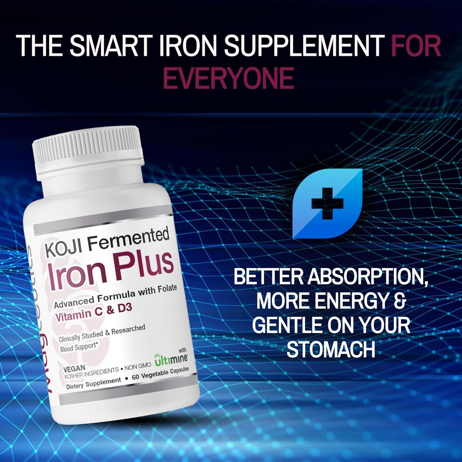 Koji Fermented Iron plus - Iron Supplement with Vitamin C, Vitamin D3 and Folate for Blood Support, Easily Absorbed and Bioavailable, Stomach Friendly, Vegan, Non-Gmo - 60 Capsules