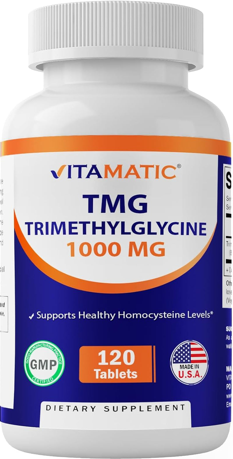 Vitamatic TMG Supplements 1000Mg - Trimethylglycine - Betaine Anhydrous - 120 Tablets - 120 Servings - Non-Gmo & Gluten Free 1 Bottle by Vitamatic
