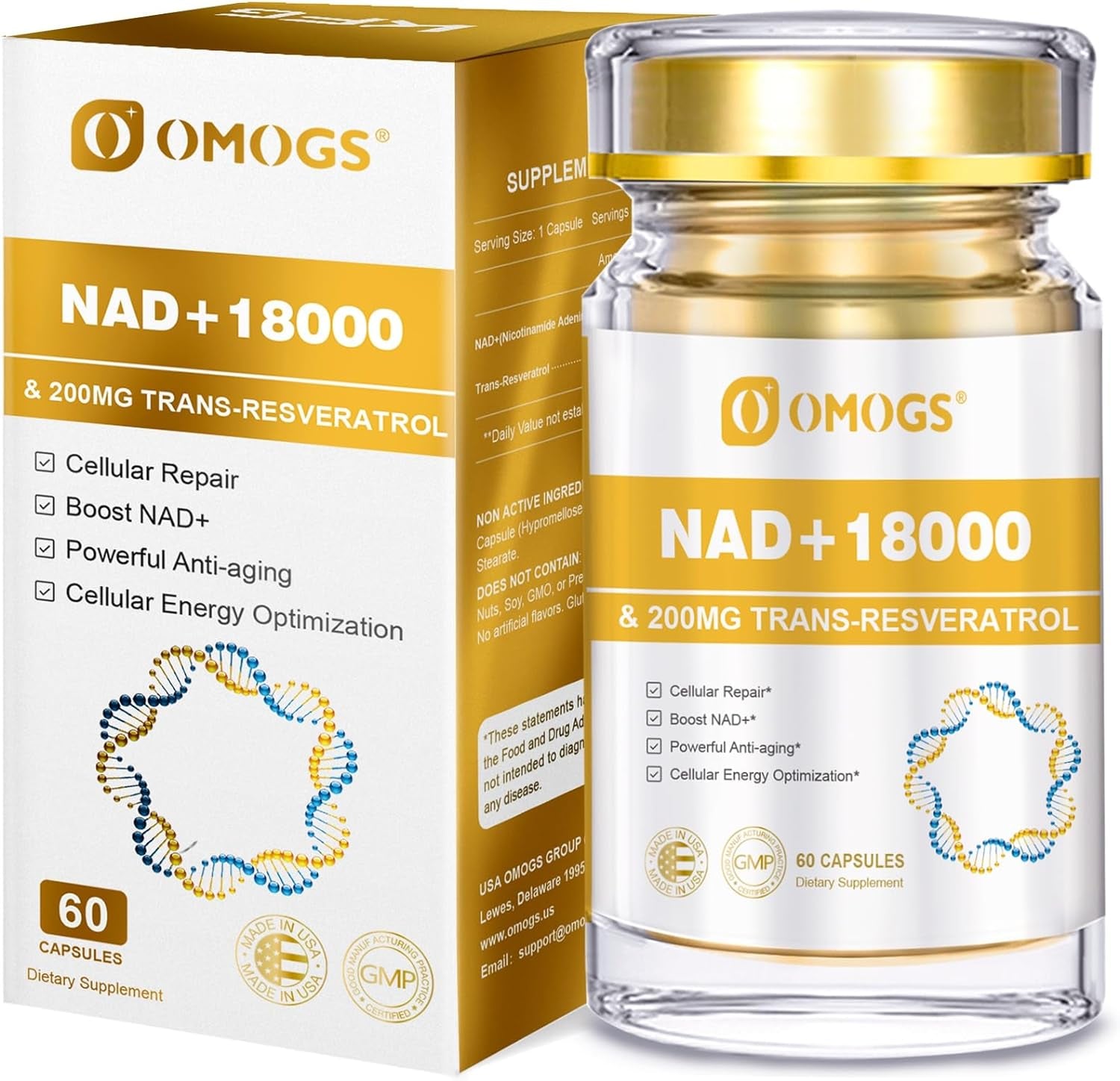 NAD+ 300 Mg + Trans-Resveratrol 200 Mg, Pure NAD Supplement, Max Absorption, Boosting Supplement for DNA Repair, Healthy Aging, Cellular Energy & 