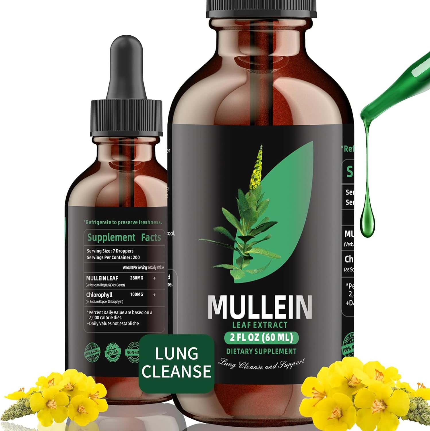 Mullein Drops for Lungs - Mullein Leaf Extract for Lungs Cleanse - Respiratory Lung Health, Herbal Supplement Made in USA Vegan 