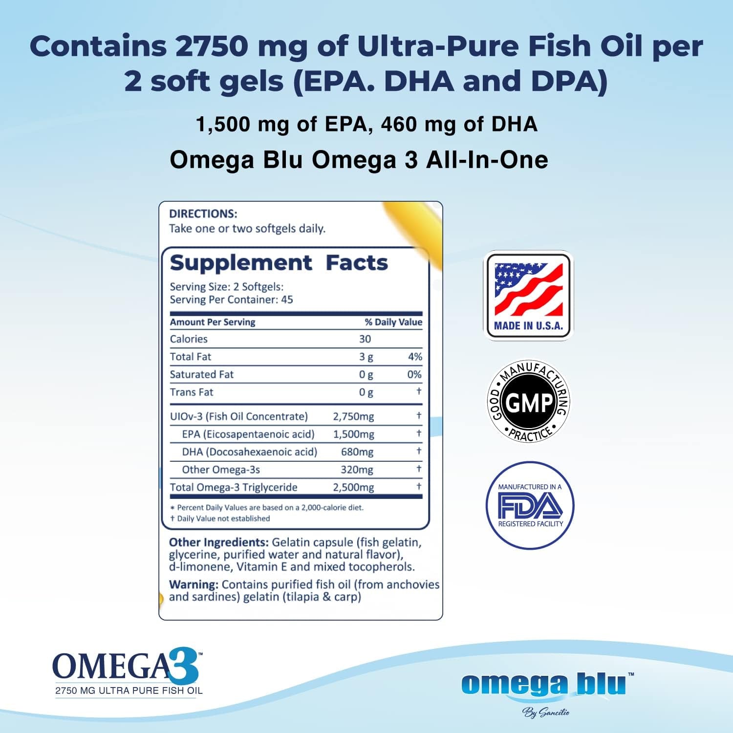 Triple Strength Grade Fish Oil 2750Mg - 1500Mg EPA - 680Mg DHA - Triglyceride Form - No Fishy Burps or Heartburn - Highest Concentration - Fish Gelatin- Citrus - 90 Servings