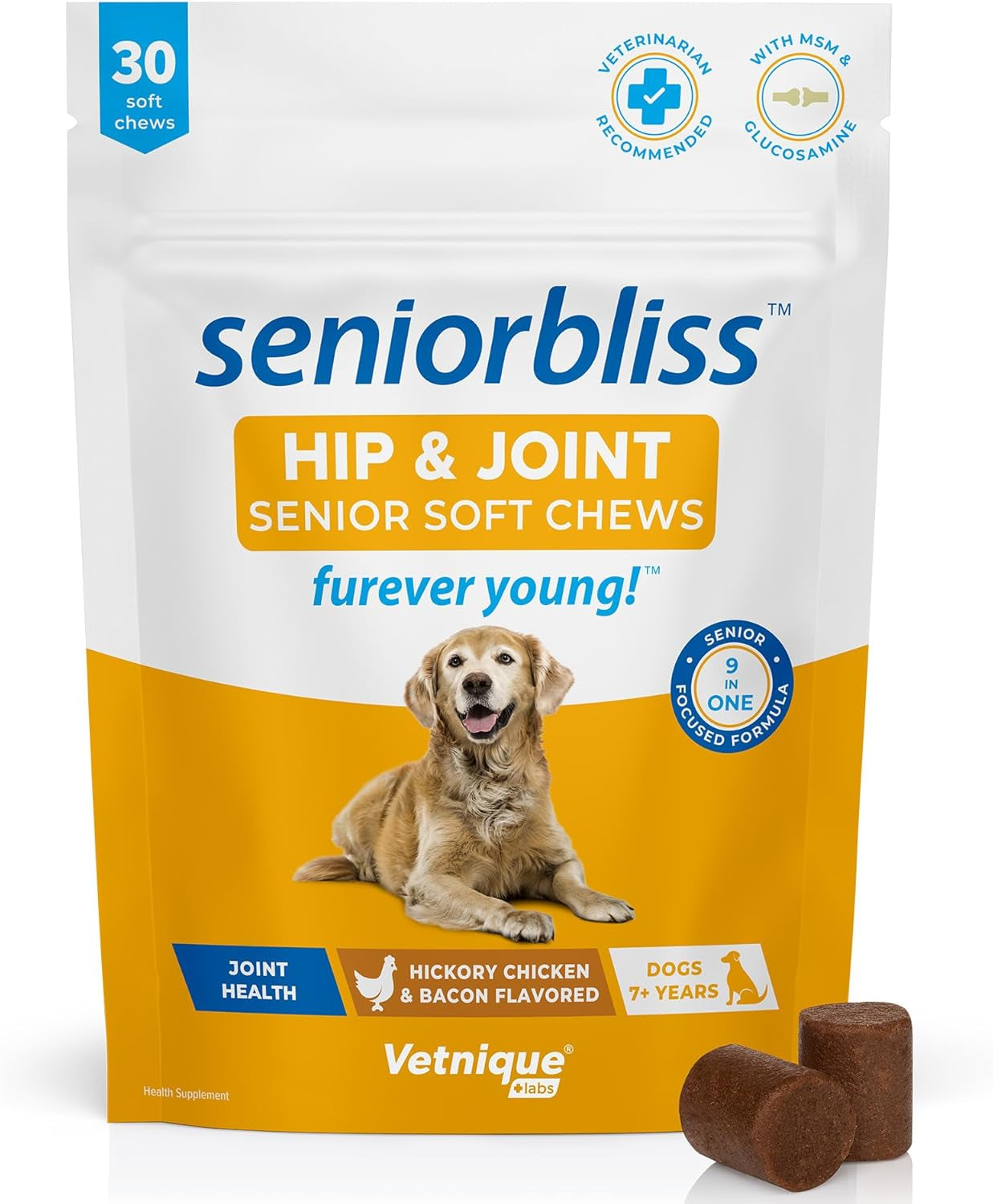 Vetnique Seniorbliss Senior Dog Joint Supplement with Glucosamine and Chondroitin for Dogs Joint Support and Healthy Cartilage Development - for Small & Large Breeds (Hip & Joint Chew, 30Ct) 