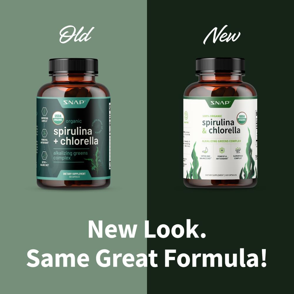 Snap Supplements USDA Organic Spirulina Chlorella Capsules - Green Superfoods for Natural Energy and Metabolic Health, 120 Capsules