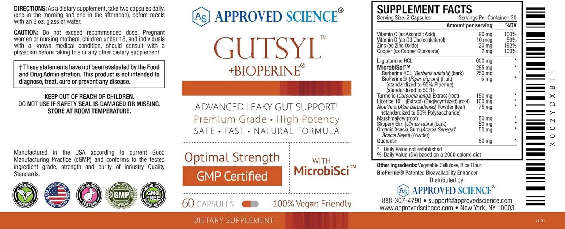 Approved Science® Gutsyl- Leaky Gut Supplement- Protect GI Tract with Aloe Vera, Marshmallow Root, Licorice, and Slippery Elm- Contains Prebiotic and Bioperine- 6 Month Supply- 100% Vegan