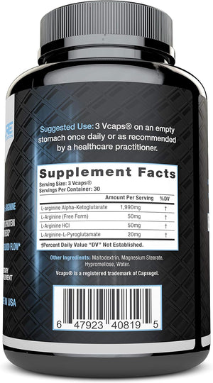 L Arginine Capsules, Nitric Oxide Booster, Amino Acid Supplement for Men and Women, Helps Build Muscle & Strength and Boost Energy, Blood Flow Support - 90 Caps