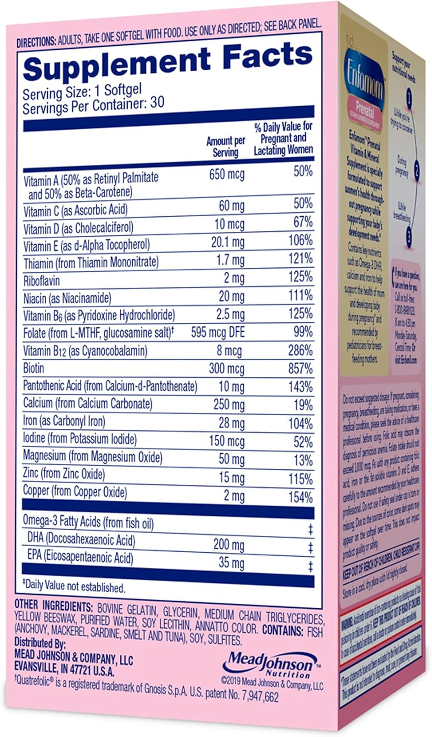 Enfamil Enfamom Prenatal Vitamin & Mineral, Supplement for Women with Calcium, Vitamin D, Vitamin C, Omega 3 DHA, 30 Softgels (1 Month Supply)