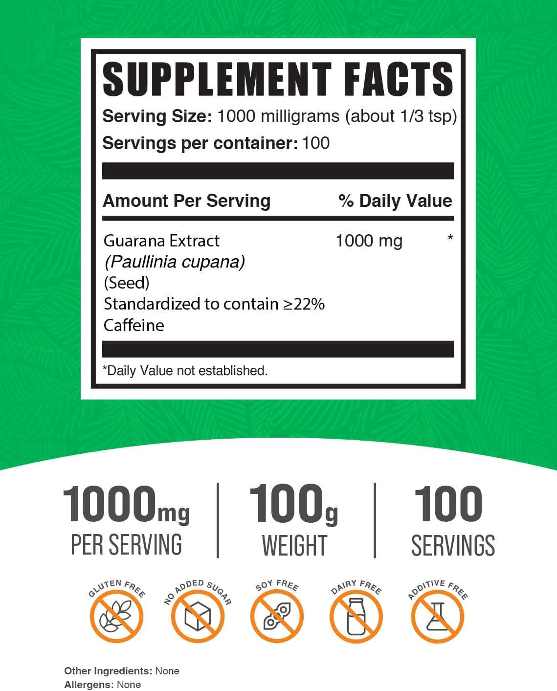 Bulksupplements.Com Guarana Extract Powder - Natural Caffeine Supplement, from Guarana Seed. Guarana Powder - Gluten Free, 1000Mg per Serving, 100G (3.5 Oz) (Pack of 1)
