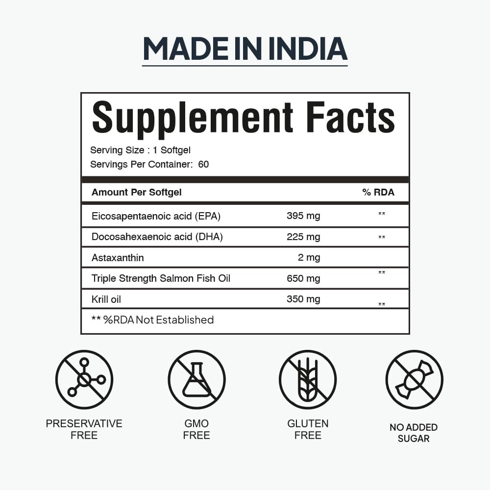 By Palak Notes Krill Oil - Wild Salmon Oil - Omega 3 Krill Oil - Astaxanthin - EPA & DHA - Omega 3 - Krill Oil Pack - 60 Softgels
