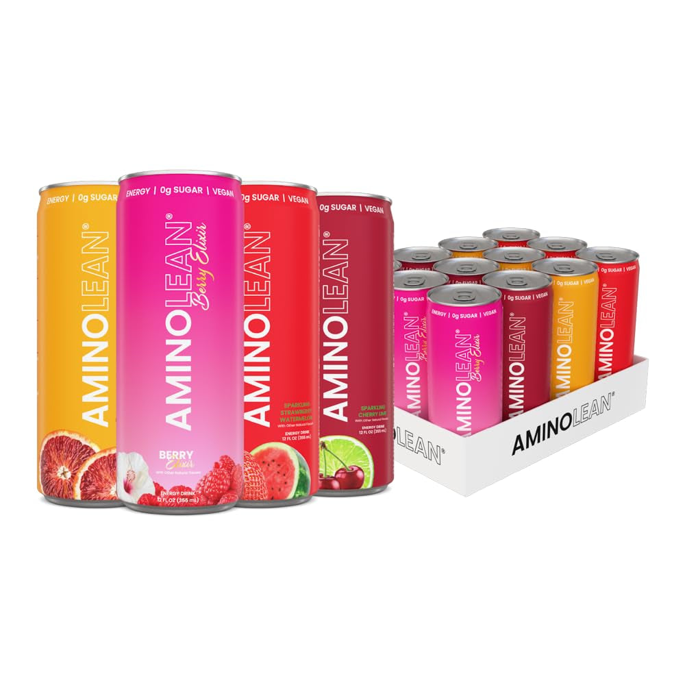 Aminolean Energy Drink – Sugar Free Amino Energy with Natural Caffeine & Vegan Amino Acids for No Jitters, Tingles, or Crash, Variety, 12 Pack 