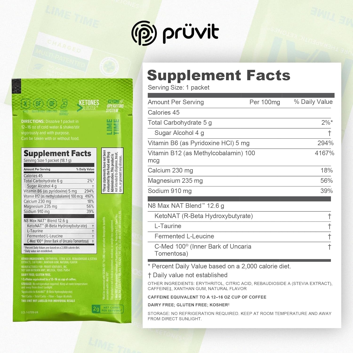 PRÜVIT Keto//Os NAT Lime Time Keto Supplements – Charged - Exogenous Ketones - BHB Salts Ketogenic Supplement for Workout Energy Boost for Men and Women (20 Count)