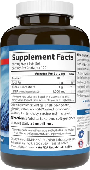 Carlson - Elite DHA Gems, 1000 Mg DHA, Wild Caught, Sustainably Sourced, Brain Function & Healthy Vision, 120 Softgels