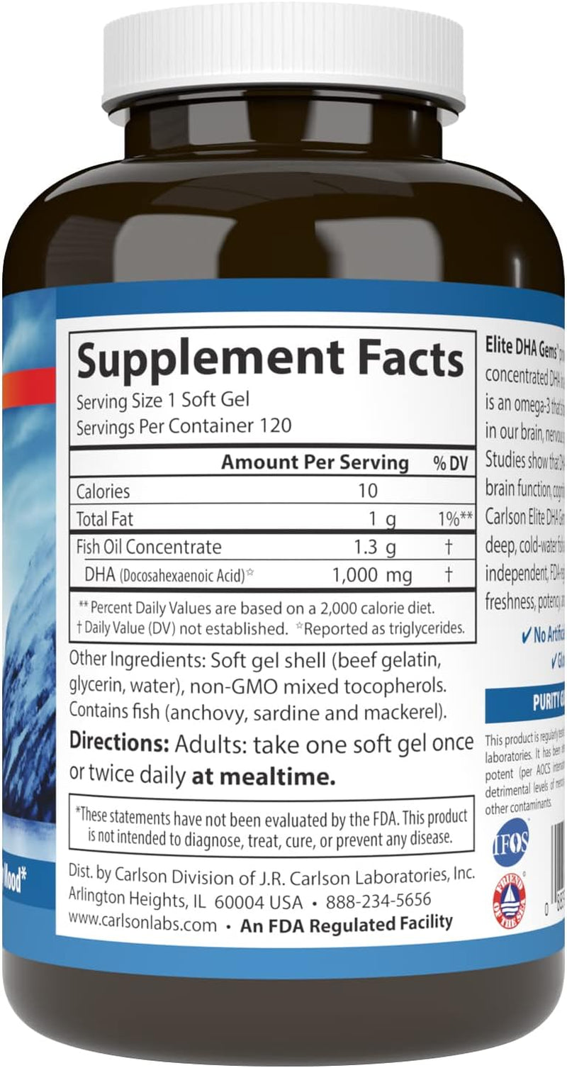 Carlson - Elite DHA Gems, 1000 Mg DHA, Wild Caught, Sustainably Sourced, Brain Function & Healthy Vision, 120 Softgels