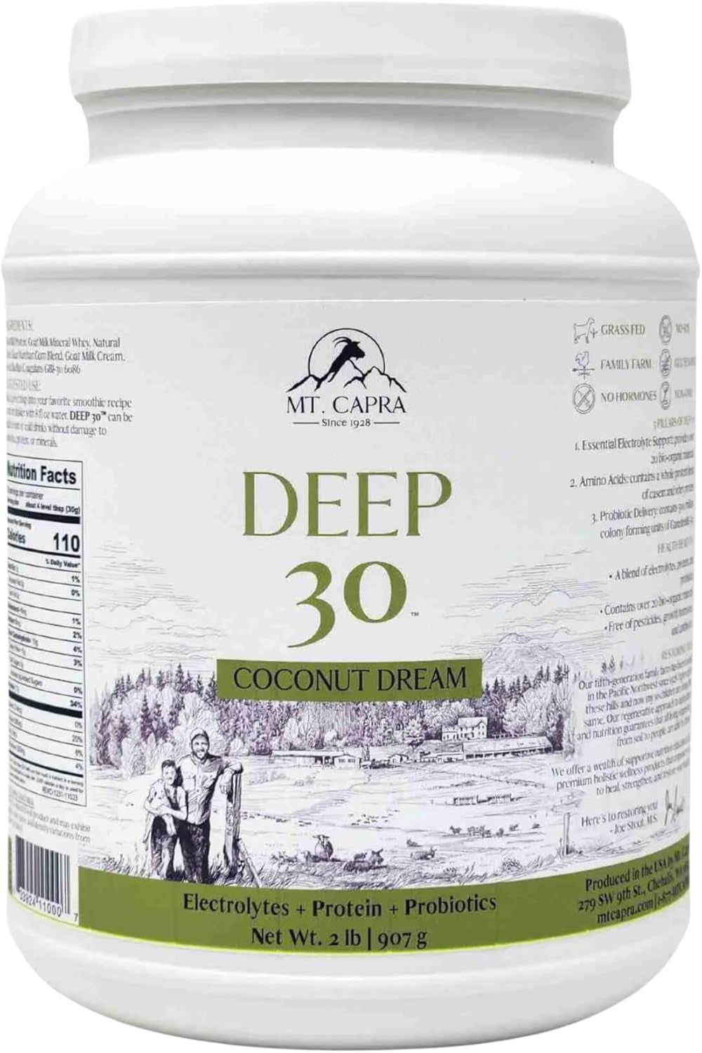 Mt. Capra Deep 30 | Meal Replacement Shake, Goat Protein Powder with Grass-Fed Whey Protein, Casein Protein, Minerals, and BC-30 Probiotics | Coconut Dream | 30 Servings - 2 Pounds 