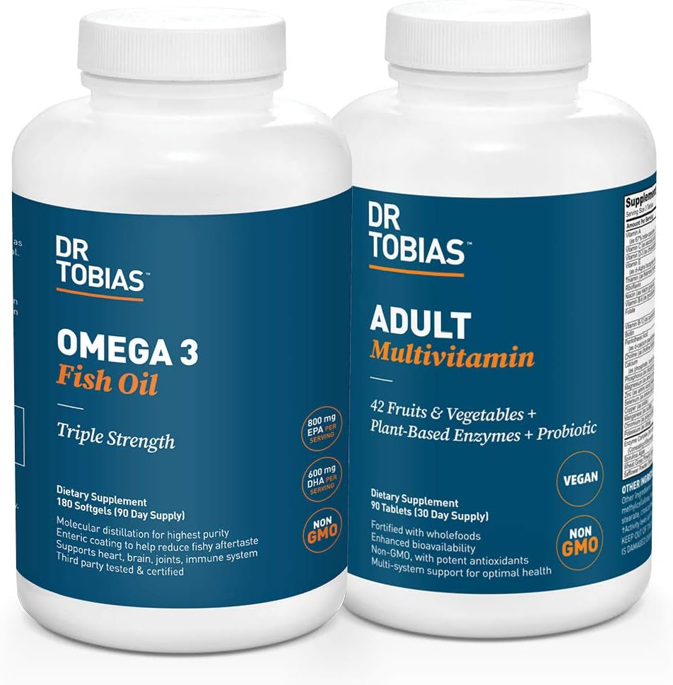 Dr. Tobias Omega 3 Fish Oil and Adult Multivitamin Includes Probiotics and Plant-Based Enzymes Promoting Overall Health - Made with Wholefoods