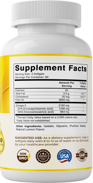 Vitamatic Triple Strength Omega 3 Fish Oil 3600Mg per Serving, 2160Mg Omega 3 Fatty Acids, 1296Mg EPA + 864Mg DHA, Burpless Lemon Flavor, 180 Softgels