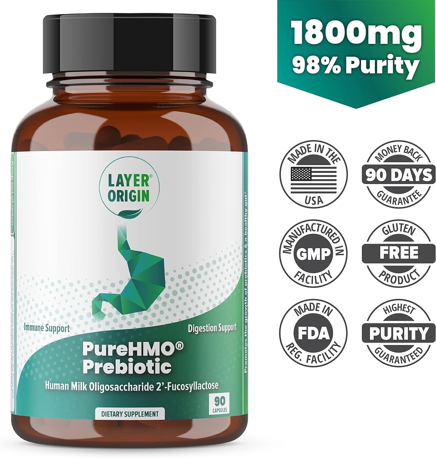 Layer Origin | Purehmo Human Milk Oligosaccharide (HMO 2'-FL) Prebiotic Powder - Feed 200 Billion Probiotics/Scoop, 45 Servings