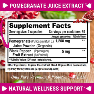 Premium Pomegranate Juice Powder Supplement 1200Mg, Supports Healthy Blood Pressure, Joints, Skin & anti Aging with Bioperine Black Pepper, Powerful Antioxidant with Vitamin C & K, 120 Vegan Capsules