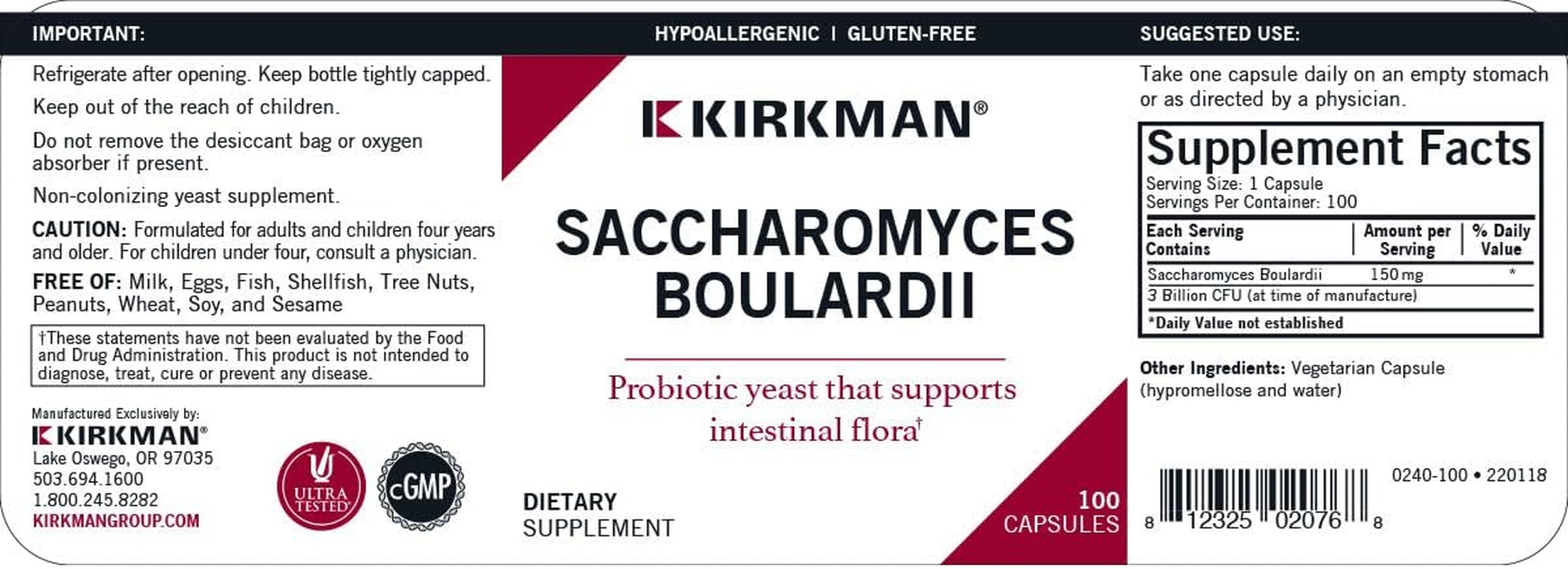 Kirkman Saccharomyces Boulardii - 3 Billion CFU - 100 Capsules by Kirkman Labs