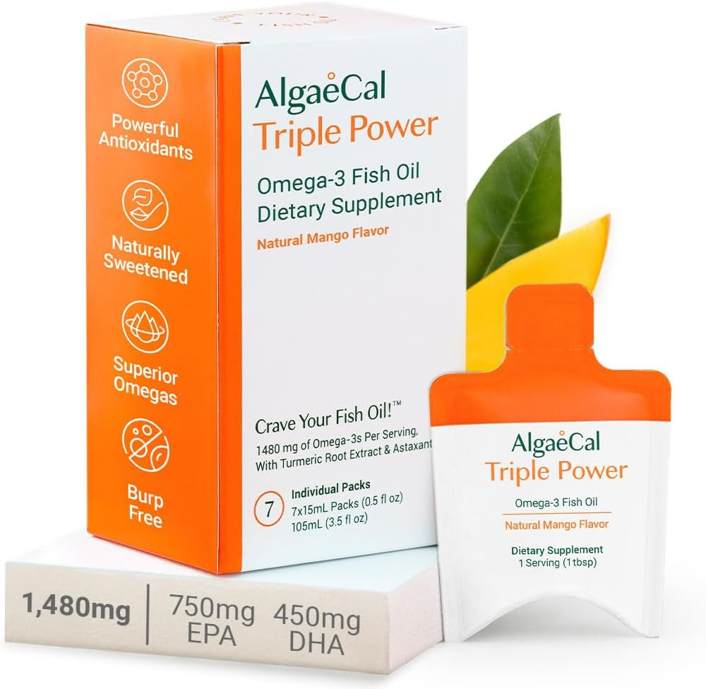 Triple Power Omega-3 Fish Oil, Natural Liquid Emulsion with EPA & DHA, Curcumin & Astaxanthin for Heart, Brain, Bone Health and Overall Wellness - 7 