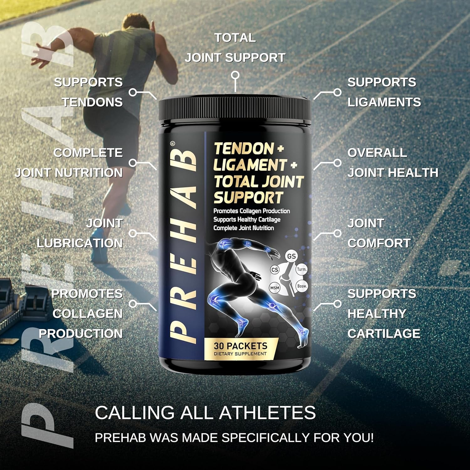 PREHAB Tendon + Ligament + Total Joint Support | Joint Supplement for Athletes | 40 Ingredient Super Complex | Glucosamine Chondroitin MSM Turmeric Boswellia | Premium Tendon Ligament Joint Supplement 