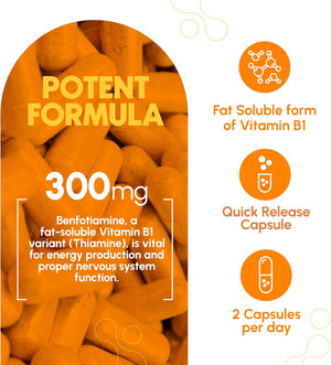 Benfotiamine 300Mg - Benfotiamine B1-180 Capsules (3 Months Supply) - Vegan, Non-Gmo, Gluten-Free