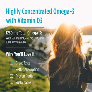 Proomega-D, Lemon Flavor - 180 Soft Gels - 1280 Mg Omega-3 + 1000 IU D3 - High-Potency Fish Oil - EPA & DHA - Brain, Eye, Heart, Joint, & Immune Health - Non-Gmo - 90 Servings