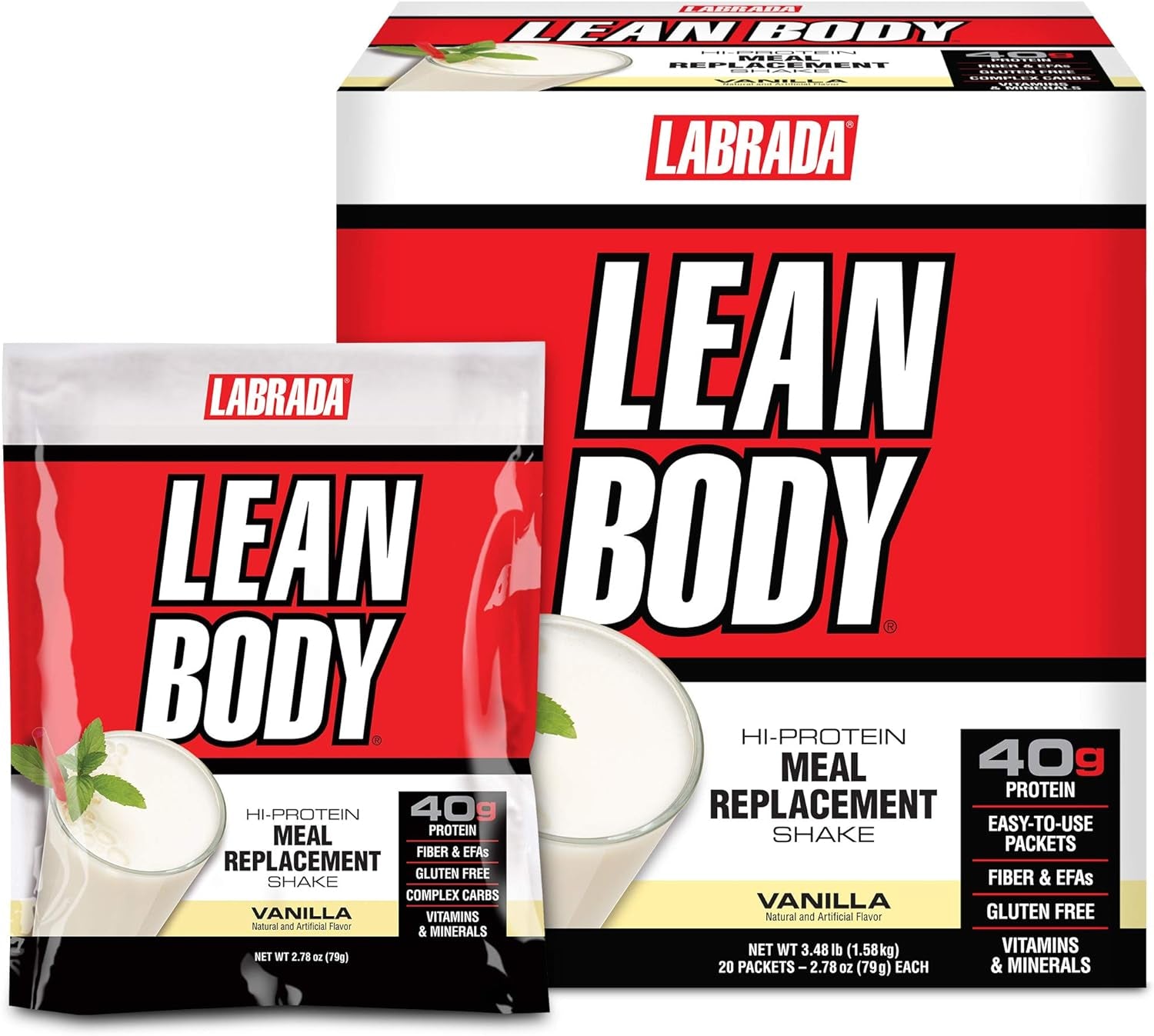Lean Body MRP All-In-One Vanilla Meal Replacement Shake, 40G Protein, Whey Blend , 8G Healthy Fats Efa'S & Fiber, 22 Vitamins and Minerals , No Artificial Color, Gluten Free, (20 Packets)