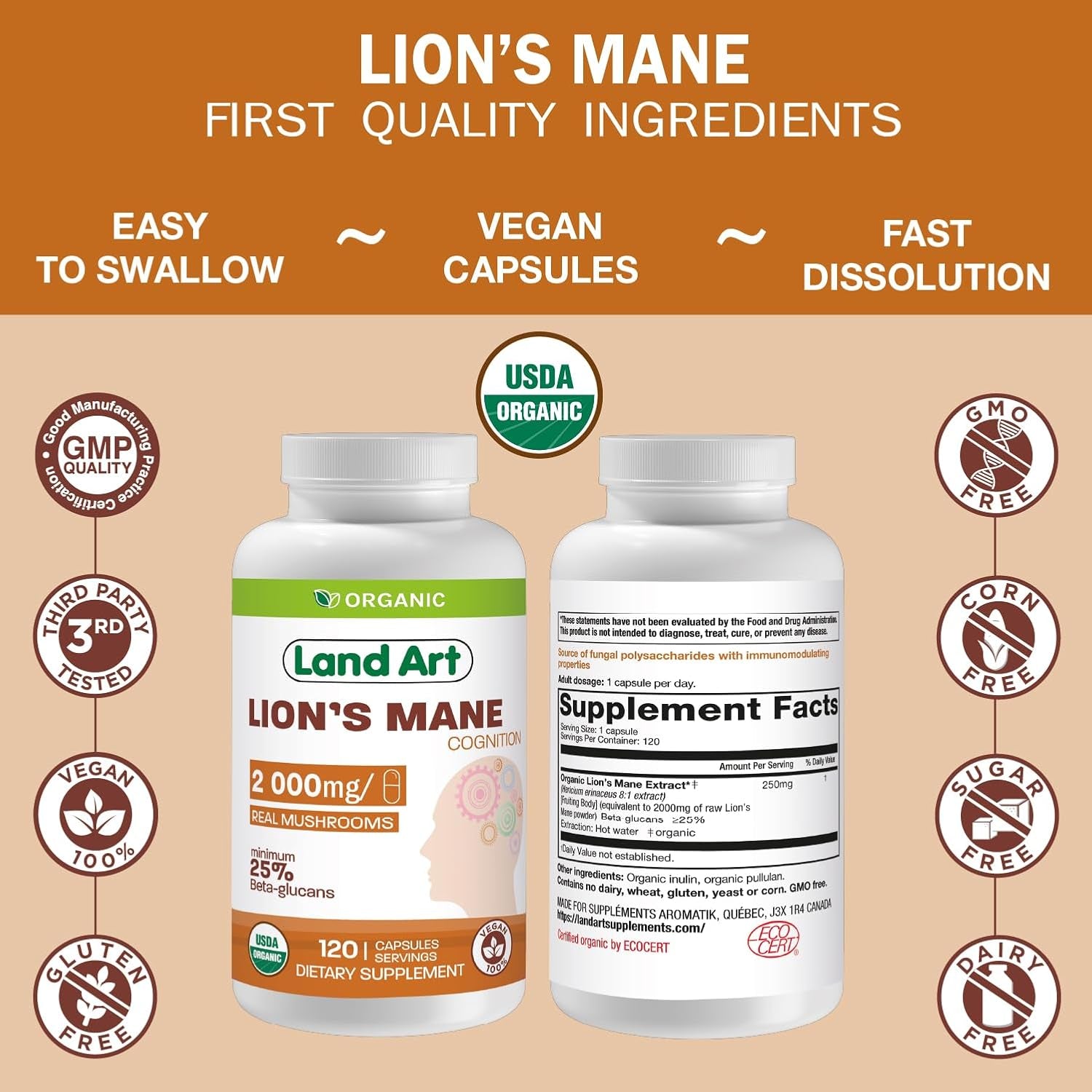 Certified Organic Lion'S Mane - Cognition & Memory - 120 Capsules - 2000Mg- Fruiting Body - Multiple Extraction - over 25% Beta-Glucans