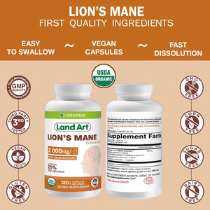 Certified Organic Lion'S Mane - Cognition & Memory - 120 Capsules - 2000Mg- Fruiting Body - Multiple Extraction - over 25% Beta-Glucans