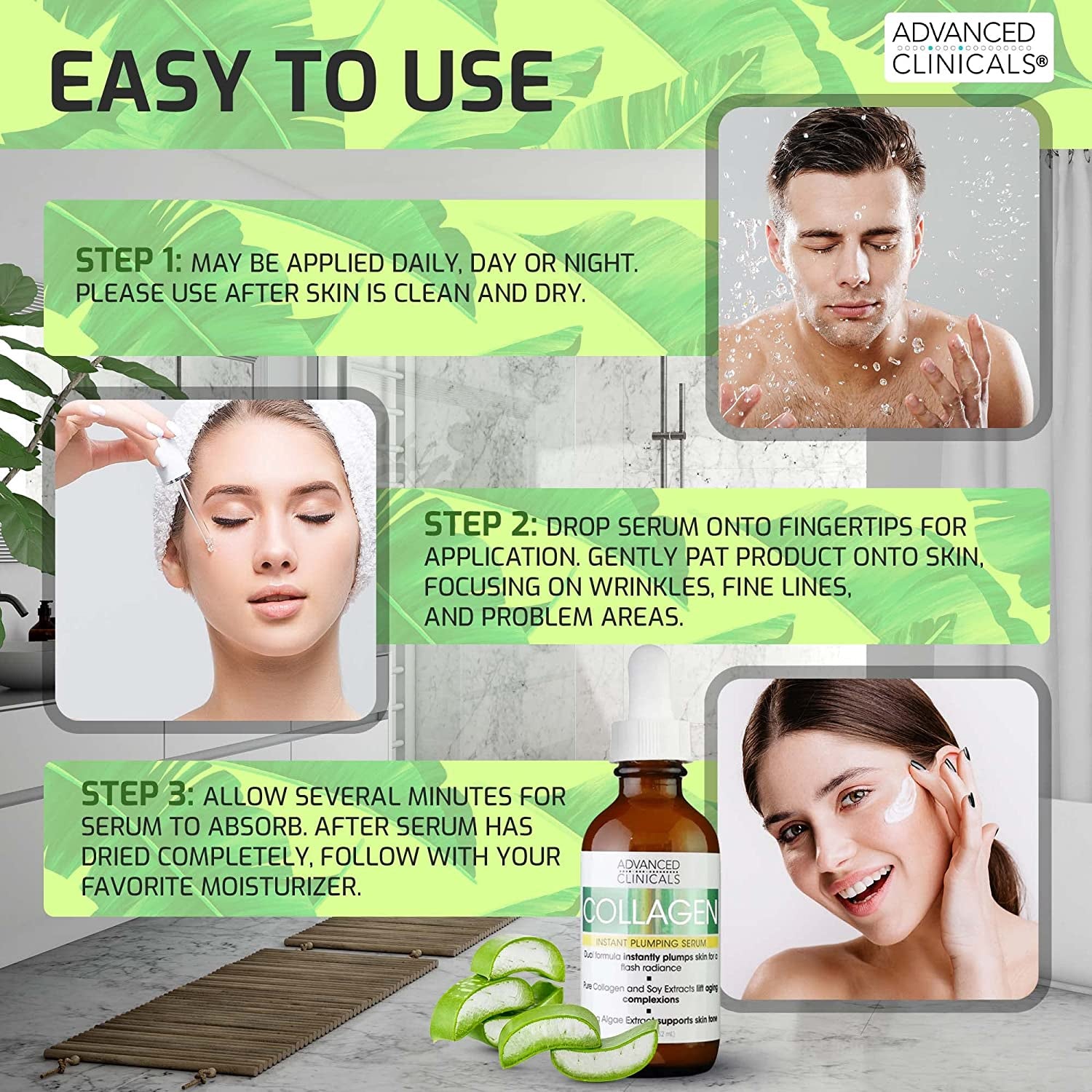 Advanced Clinicals Tea Tree Oil Serum for Face + Vitamin C Serum + Exfoliating 10% Glycolic Acid Serum Skincare Set | Face Serum for Women | anti Aging Serums to Brighten, Exfoliate, & Hydrate, 3-Set