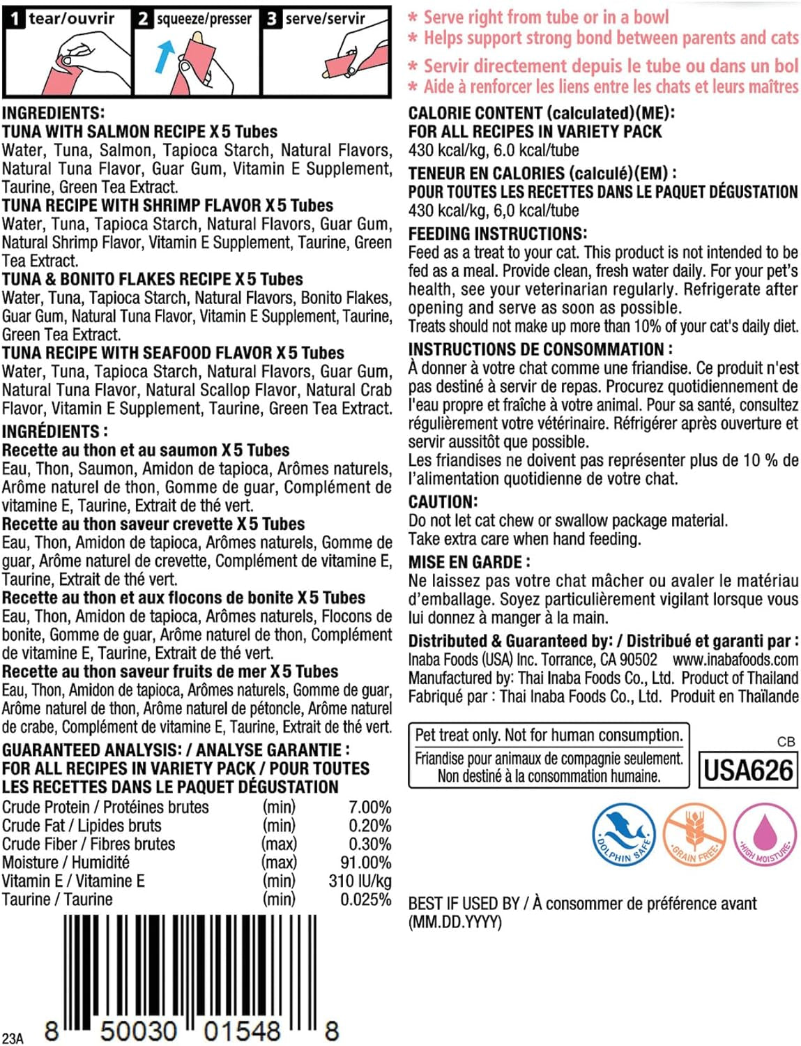 INABA Churu Cat Treats, Grain-Free, Lickable, Squeezable Creamy Purée Cat Treat/Topper with Vitamin E & Taurine, 0.5 Ounces Each Tube, 24 Tubes (4 per Pack), Tuna with Scallop Recipe