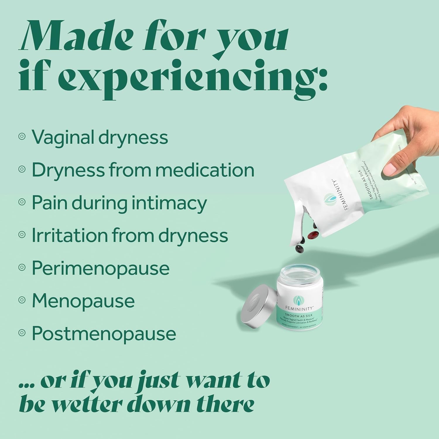 Femininity Smooth as Silk 30-Day Starter Kit for Vaginal Dryness (60 Softgels & Refillable Glass Jar) – Sea Buckthorn Oil with 365Mg Omega 7 + Omega 3 and Omega 9 