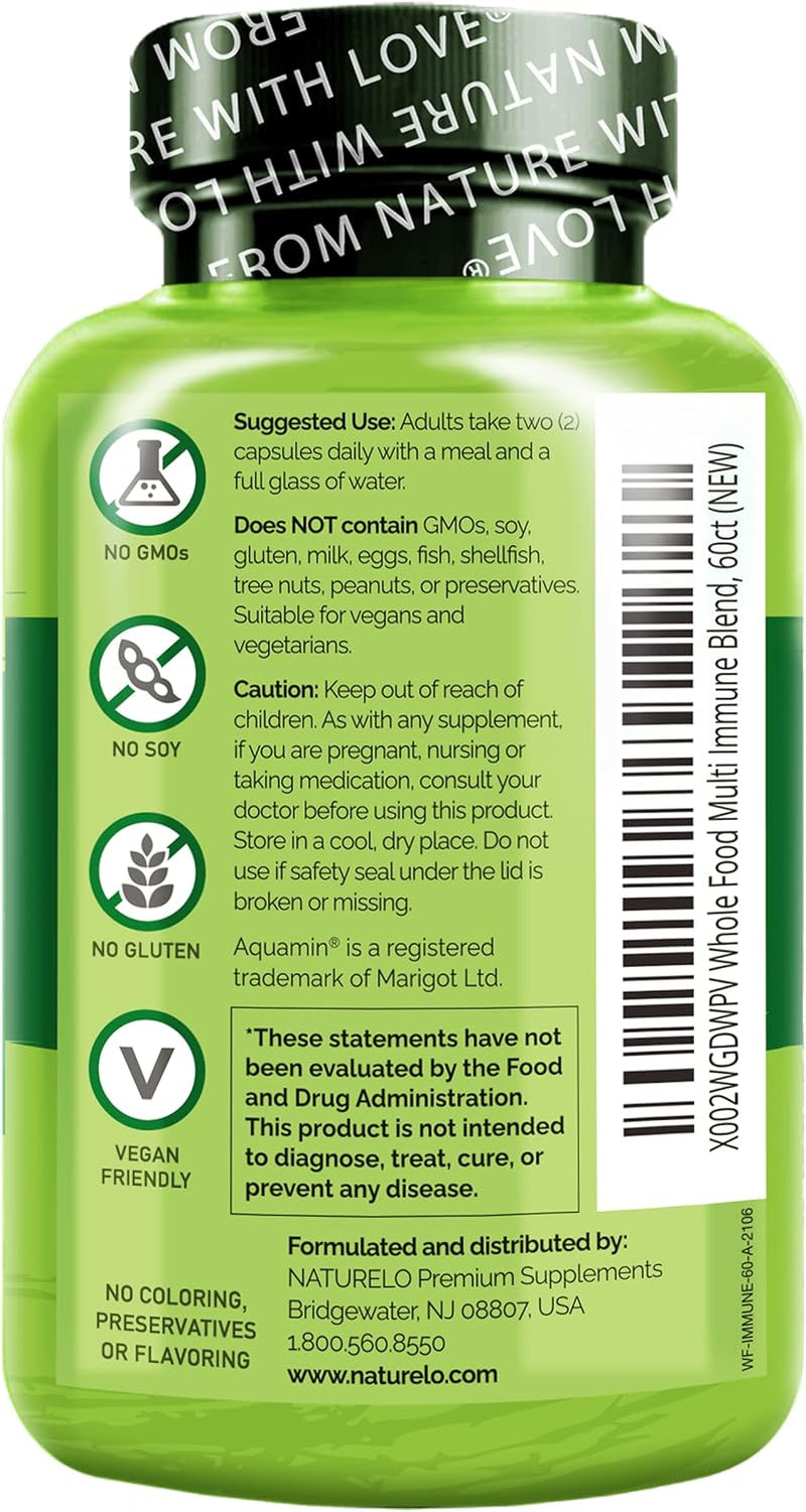 NATURELO Whole Food Multivitamin + Immune Blend with Elderberry & Mushrooms - Complete Multivitamin with Extra Immune Support - C, D3, Zinc, Elderberry, Reishi, Shitake - 60 Vegan Capsules