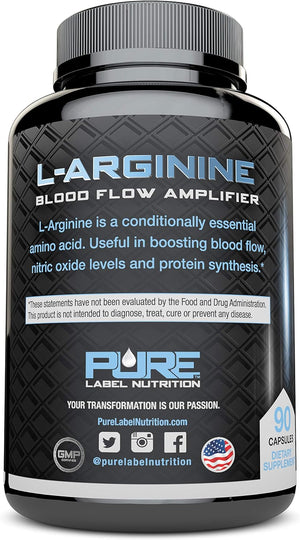 L Arginine Capsules, Nitric Oxide Booster, Amino Acid Supplement for Men and Women, Helps Build Muscle & Strength and Boost Energy, Blood Flow Support - 90 Caps