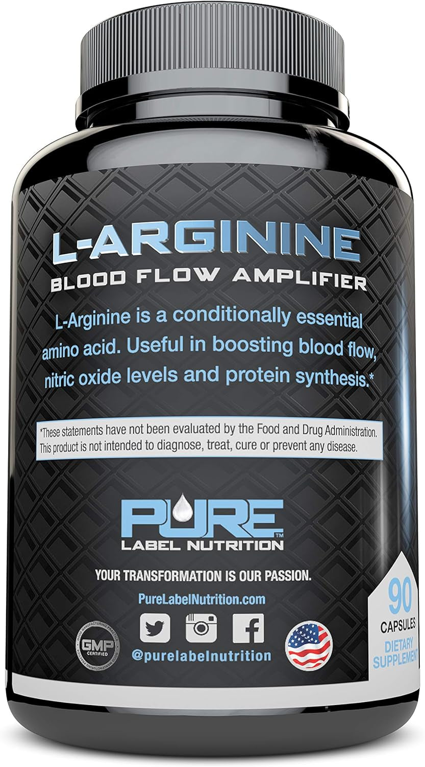 L Arginine Capsules, Nitric Oxide Booster, Amino Acid Supplement for Men and Women, Helps Build Muscle & Strength and Boost Energy, Blood Flow Support - 90 Caps