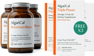 ALGAECAL - 3 Strontium Boost, Natural Strontium Supplement for Bone Density Increase, Strontium Citrate 680 Mg + 3 Free Triple Power Omega 3 Fish Oil 7 Single Serve