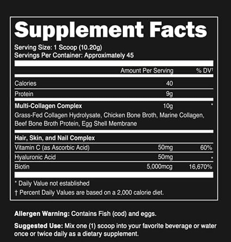 Premium Multi Collagen Peptides Protein Powder (1, 2, 3, 5 & 10) with Vitamin C, Biotin, Hyaluronic Acid, for Hair Skin and Nails - Marine, Bovine, Chicken & Eggshell (Unflavored, 45 Servings) 