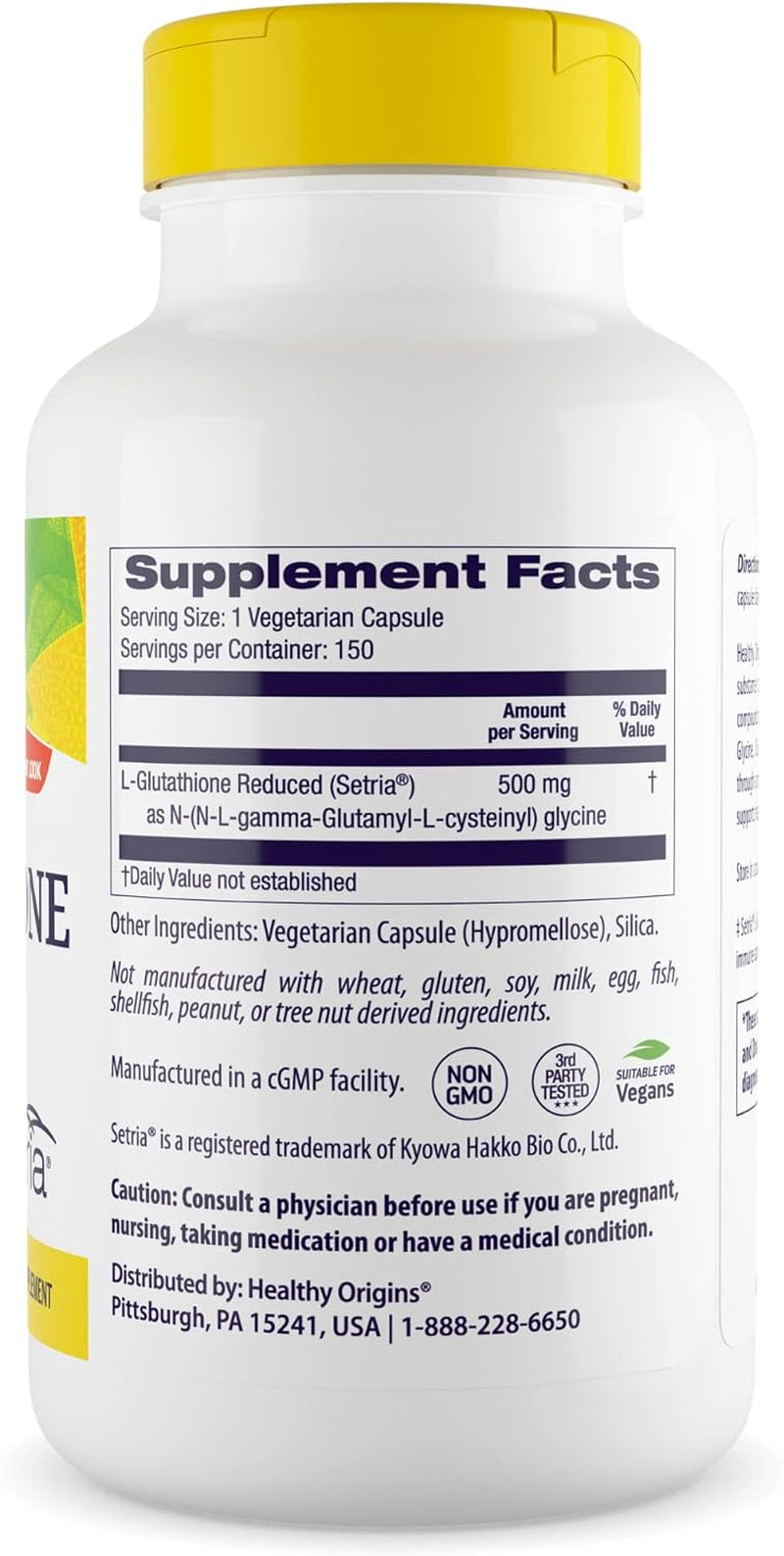 L-Glutathione (Setria) Reduced, 500 Mg - Immune Support Supplement - Collagen & Antioxidant Support - Gluten-Free Supplement - 60 Veggie Capsules