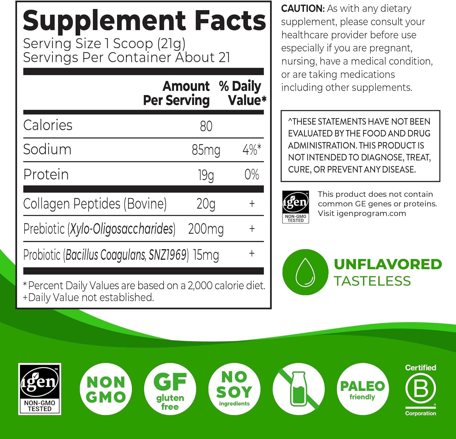 Hydrolyzed Collagen Peptides + Prebiotic & Probiotics Powder for Women & Men, 20G Grass Fed Collagen, 1 Billion CFU - Supports Digestive, Hair, Skin & Joint Health, Non-Gmo, Type I & III, 1Lb 