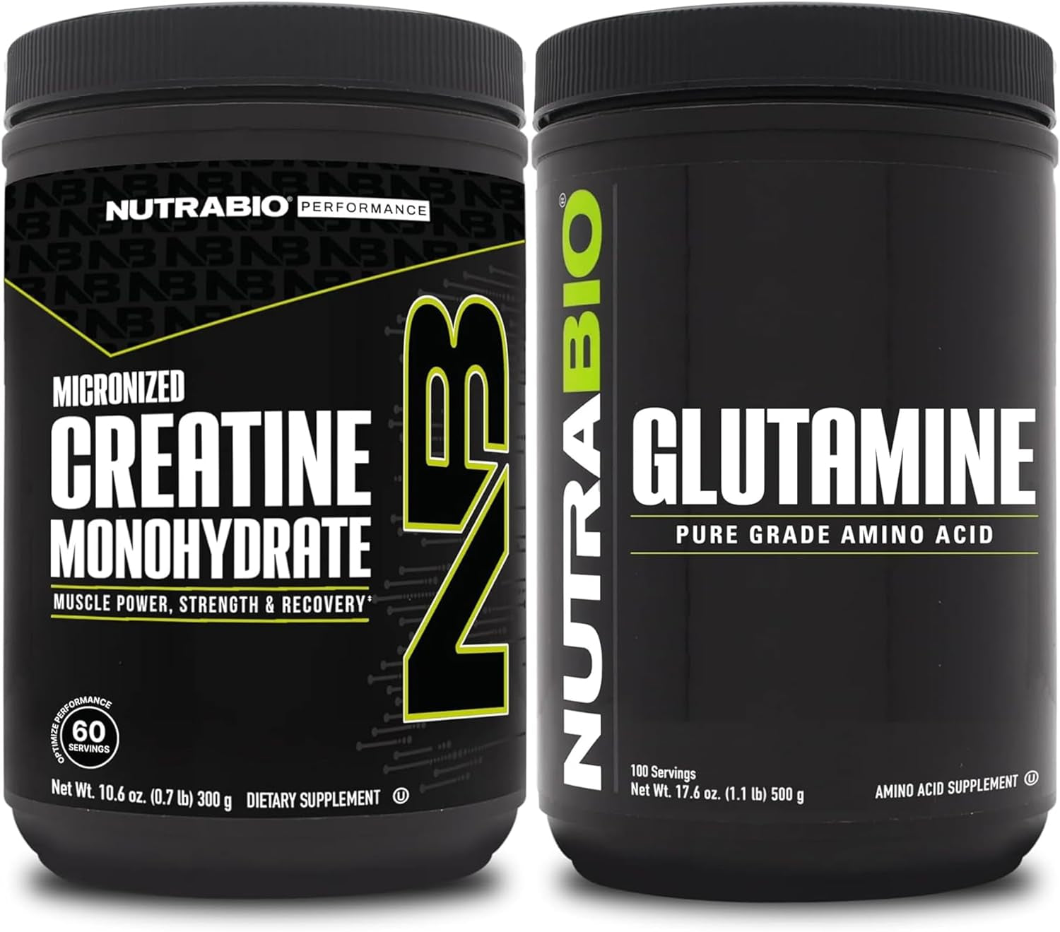 Nutrabio Creatine Monohydrate Supplement, Unflavored, (300G) and L-Glutamine Powder, (500G) – Workout Supplement Bundles Supports Muscle Energy, 