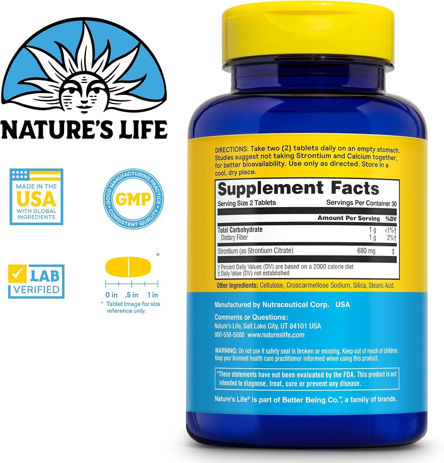 NATURE'S LIFE Strontium Citrate 680Mg - Chelated Strontium Supplement - Trace Minerals Support - High Absorption, Gentle Digestion, 60-Day Guarantee, Lab Verified, 30 Servings, 60 Vegetarian Tablets