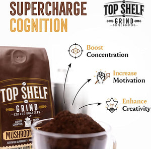 Mushroom Coffee – Ground Dark Roast Organic Lions Mane Coffee for Super Human Focus, Memory & Concentration – High Caffeine Arabica Brain Booster – Strong Nootropic Energy for Peak Performance