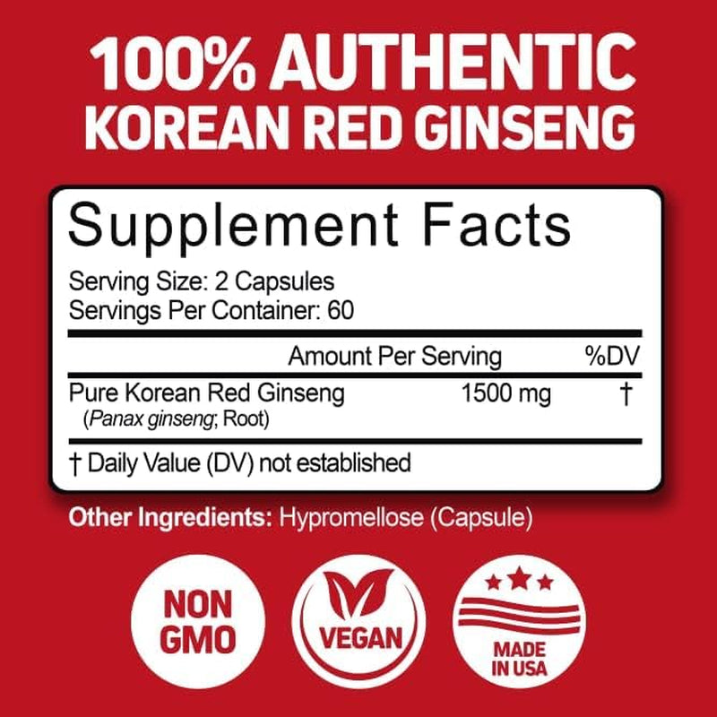 Korean Red Panax Ginseng 1500Mg - High Potency Ginseng for Energy, Performance & Immune Support for Men & Women - Ginseng Root Extract Powder Supplement for Focus and Vitality -120 Capsules 
