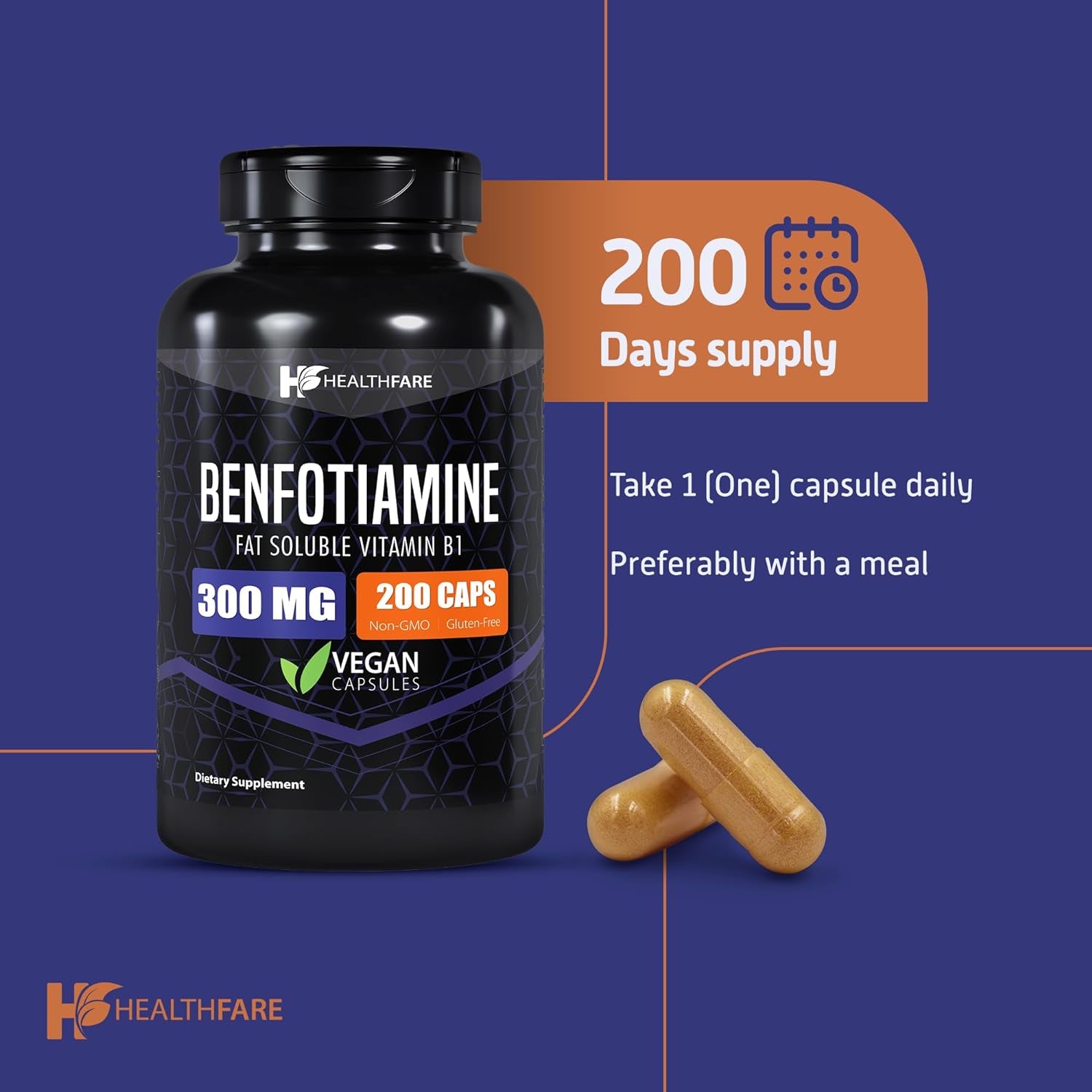 Benfotiamine 300Mg | 200 Capsules | Fat Soluble Thiamine Vitamin B1 | Supports Overall Health | Non-Gmo | Gluten Free (2-Pack)