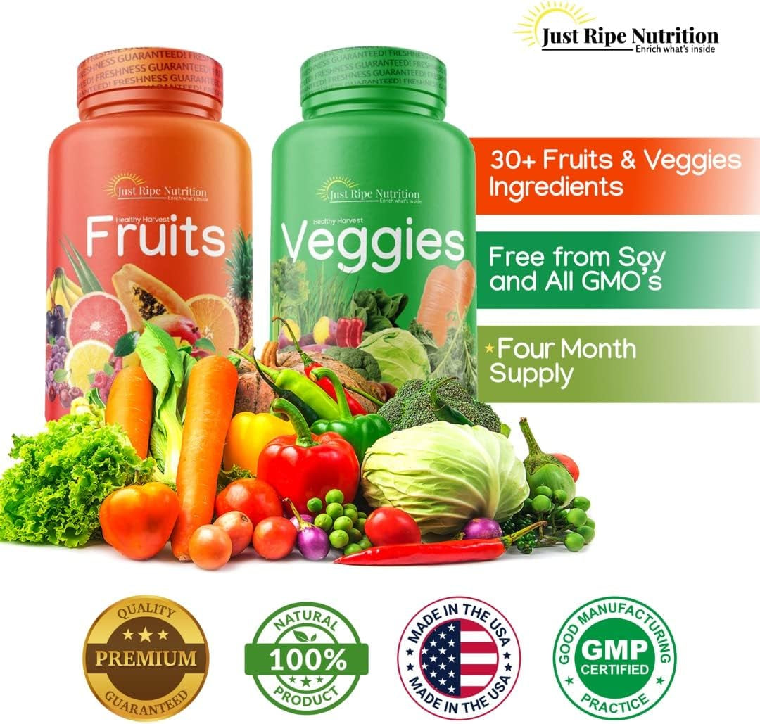 Fruits and Veggies Supplement - 90 Fruit and 90 Vegetable Capsules - 100% Whole Natural Superfood - Filled with Vitamins and Minerals - Supports Energy Levels (4 Pack)