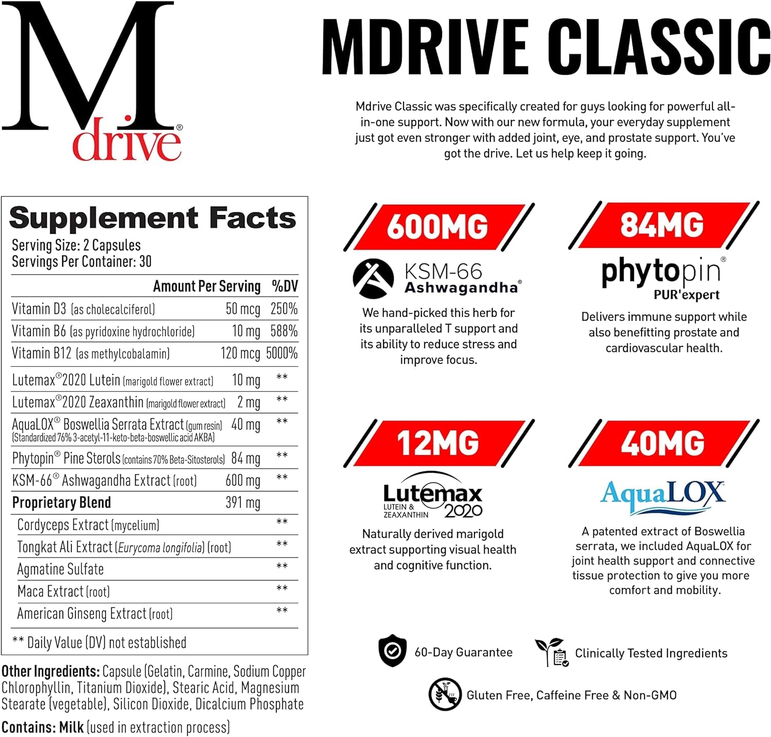 Mdrive Classic Testosterone Booster for Men, Support Healthy Prostate, Eyes, Joint, Energy, Stress Relief, KSM-66 Ashwagandha, Beta-Sitosterols, 60Ct.